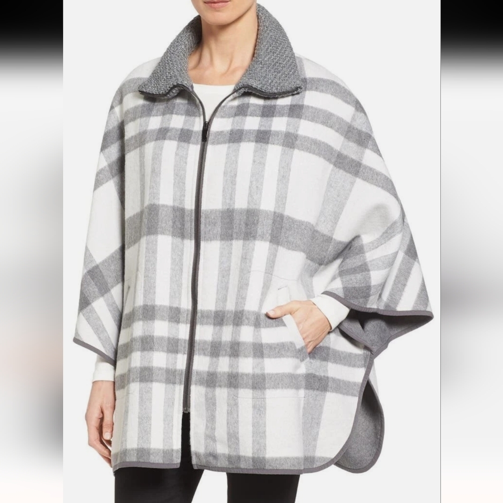 Via Spiga Gray and White Plaid Cape